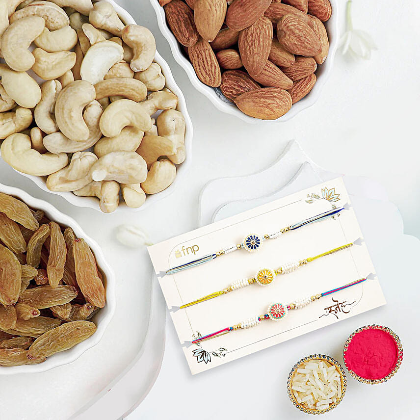 Floral Heritage Round Rakhi Set of 3 With Almonds and Cashew: Ethnic Rakhi 