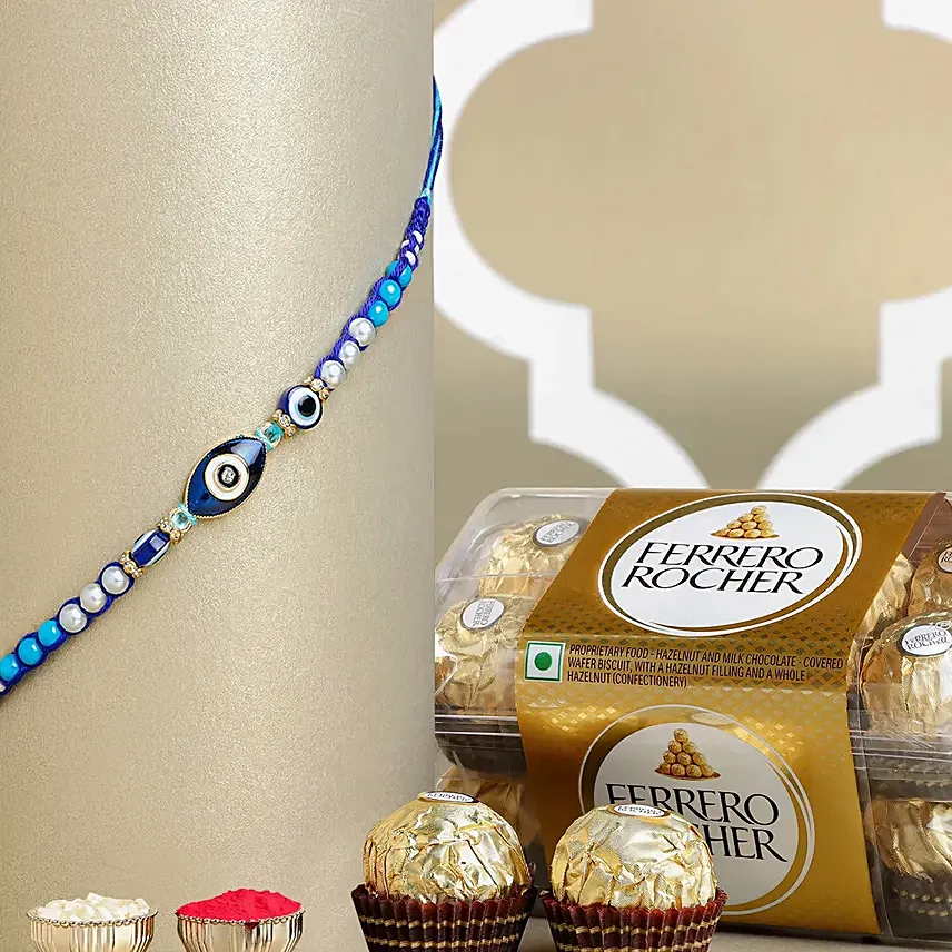 Galactic Blue Protector Evil Eye Rakhi N Golden Ferrero Bliss: Designer Fancy Rakhi