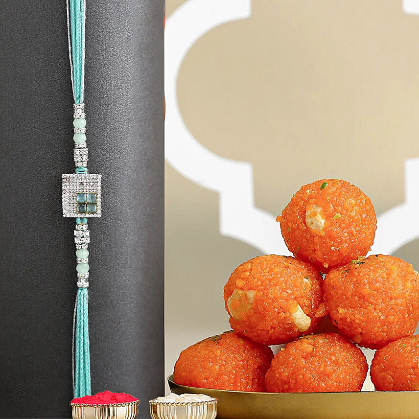 Imperial American Diamond Rakhi N Motichoor Laddoo: Rakhi with Sweets