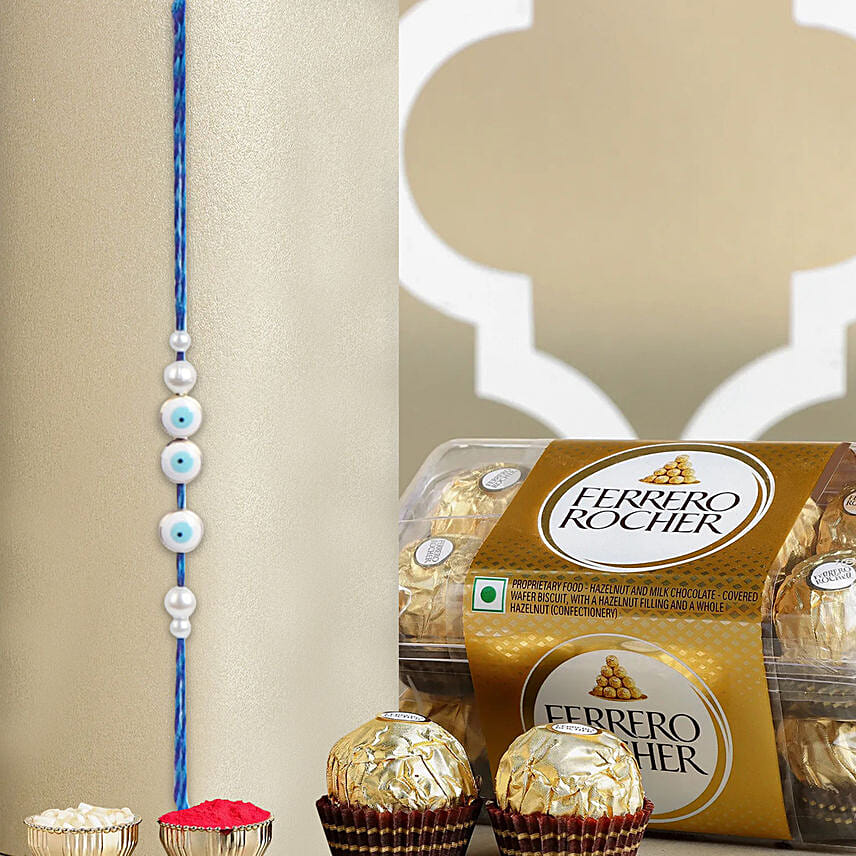 Simplistic Blue Evil Eye Rakhi N Ferrero Delights: Pearl Rakhi