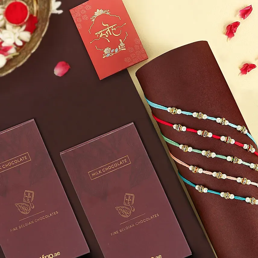 Understated Elegance Beads Rakhi Set of 5 N Milk Chocolates: Set of 5 Rakhi