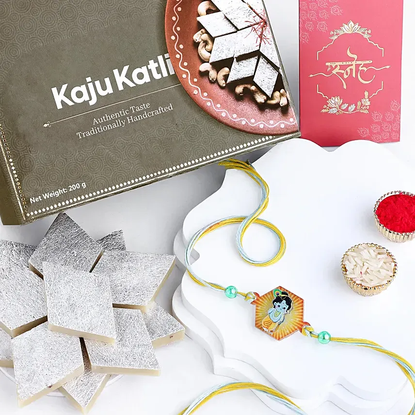 Enchanting Love in 3D Krishna Rakhi N Kaju Katli: Rakhi for Kids 