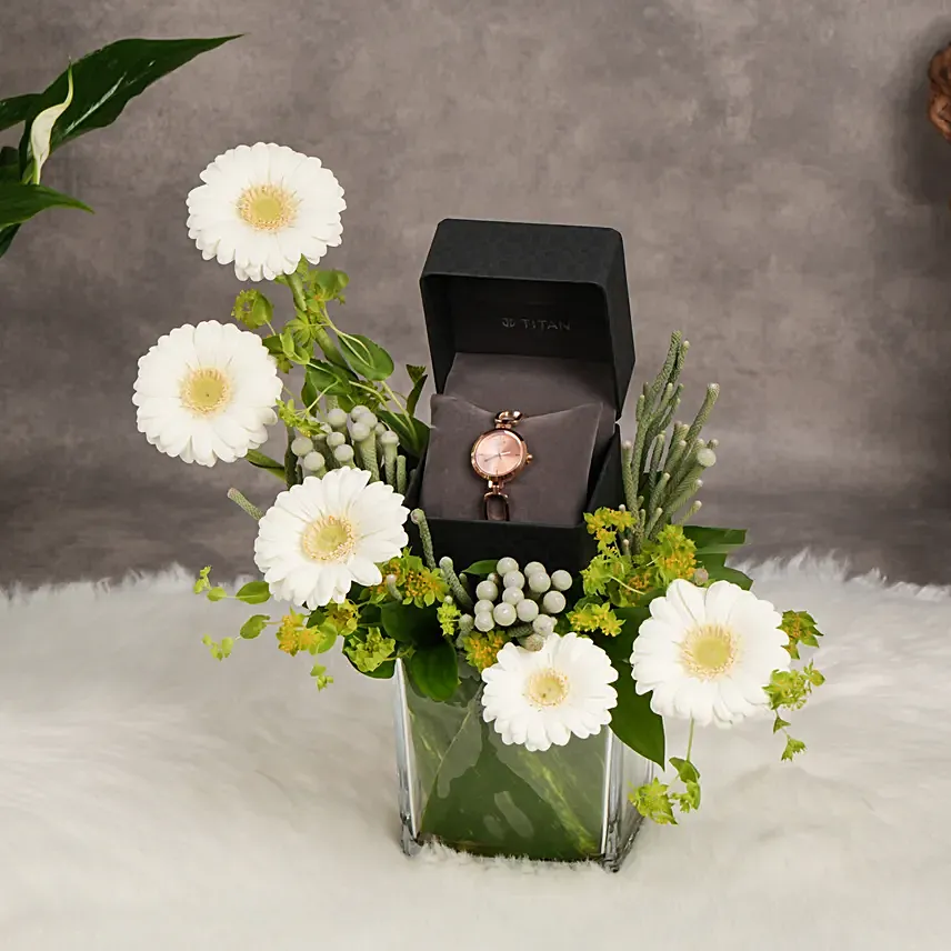 Titan Raga Watch For Her: Rose Gold, Vase & Flowers: Retirement Gifts