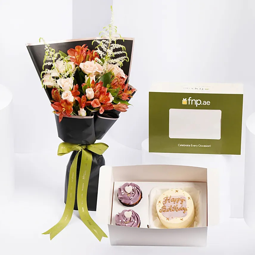 Birthday Bento Cake n Cupcakes With Flowers: New Arrival Gifts in Dubai