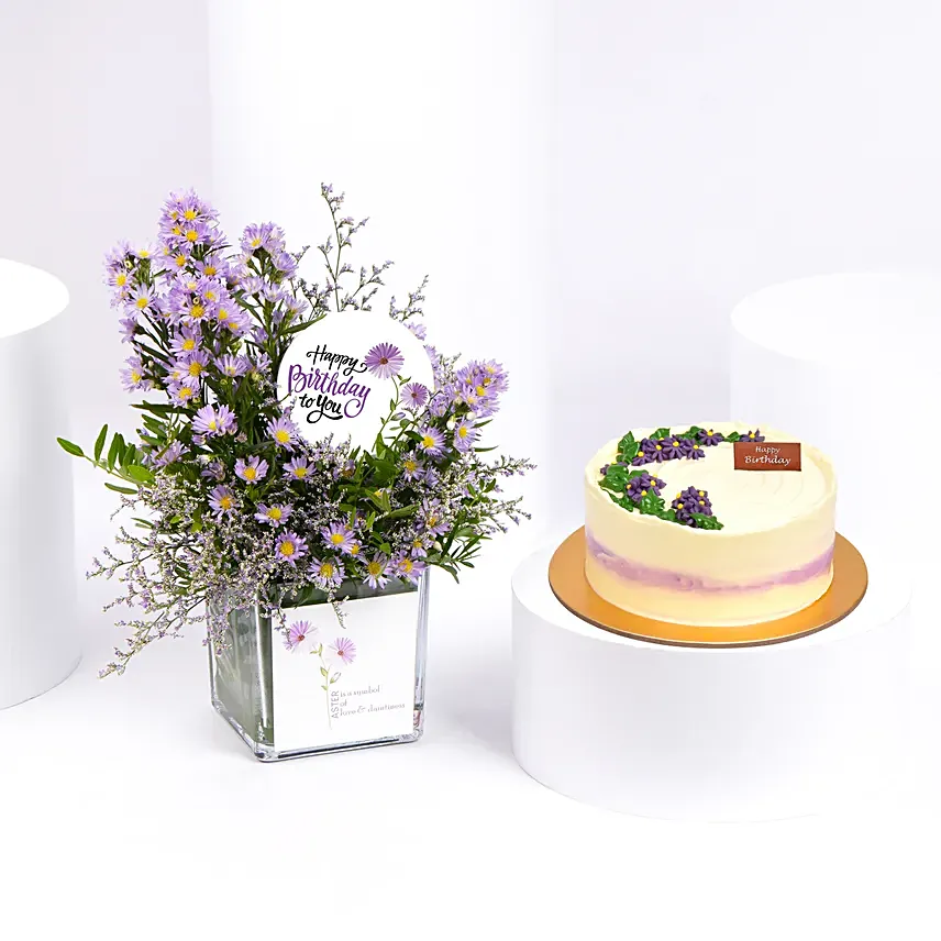 Aster Birthday Flowers Vase with Cake: 