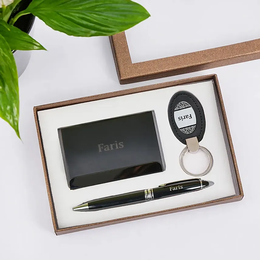Personalised Card Holder Pen & Key Chain Gift Box: 