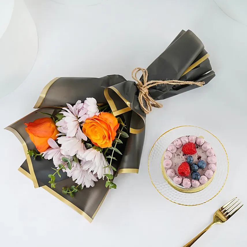 Mini Blueberry Cake N Flower Bouquet Combo: Bento Cakes
