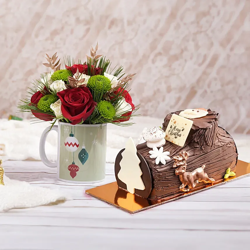 Seasons Greetings Flower Mug With Log Cake: Christmas Gifts