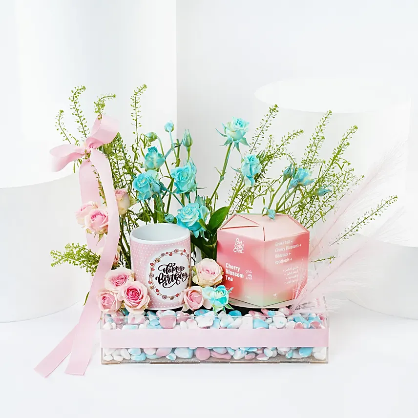 Birthday Flowers and Tea Combo Tray: Feel Good Tea