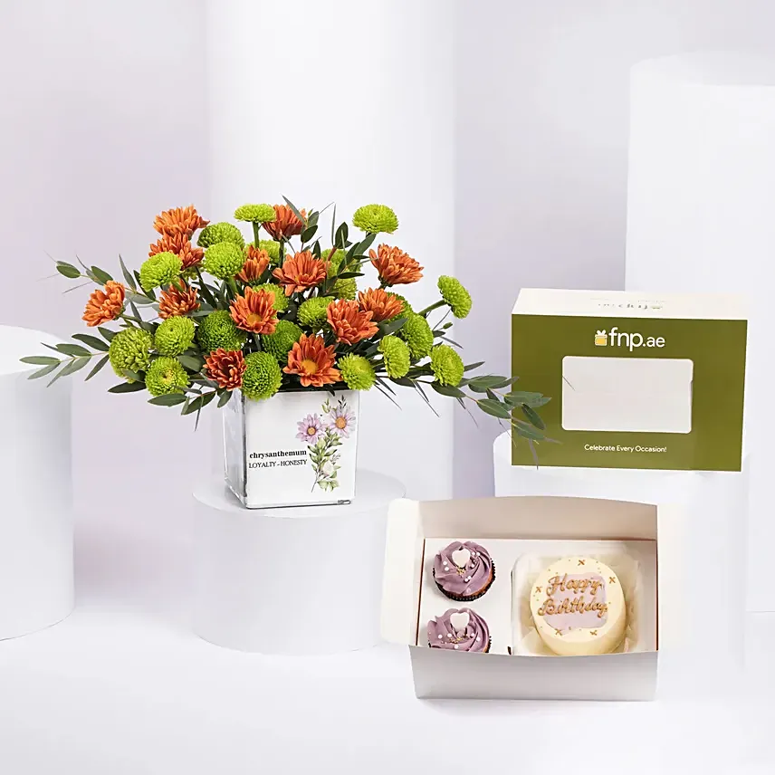 Chrysanthemum Birthday Flowers Vase With Bento Cake: New Arrival Combos
