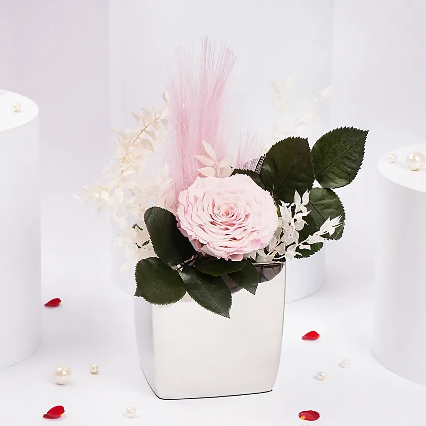 Large Pink Forever Rose in Premium Metal Vase: Pink Flower Bouquets