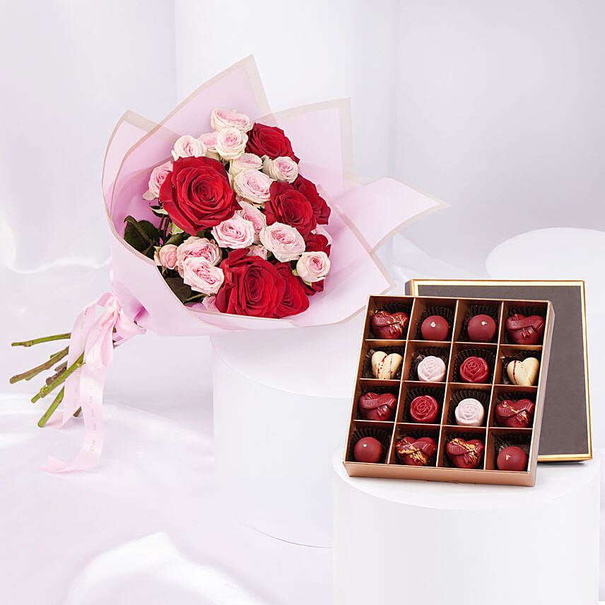 Elegant Duo Of Roses Bouquet With Chocolate: Valentines Day Flowers and Chocolates