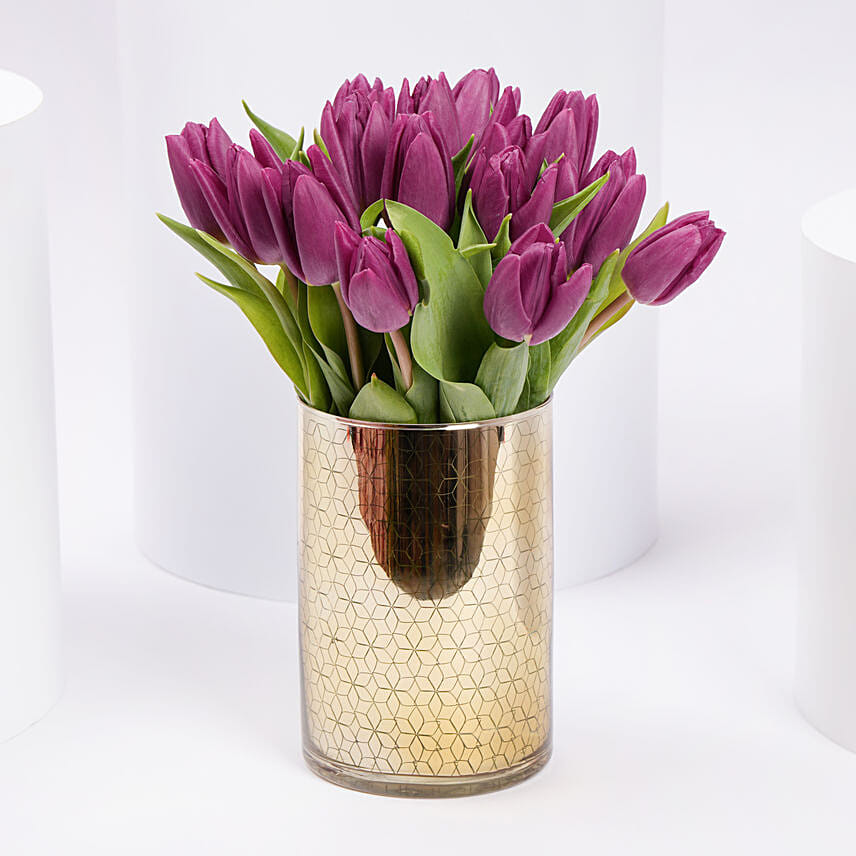 Purple Tulips in Gold Vase: Flowers