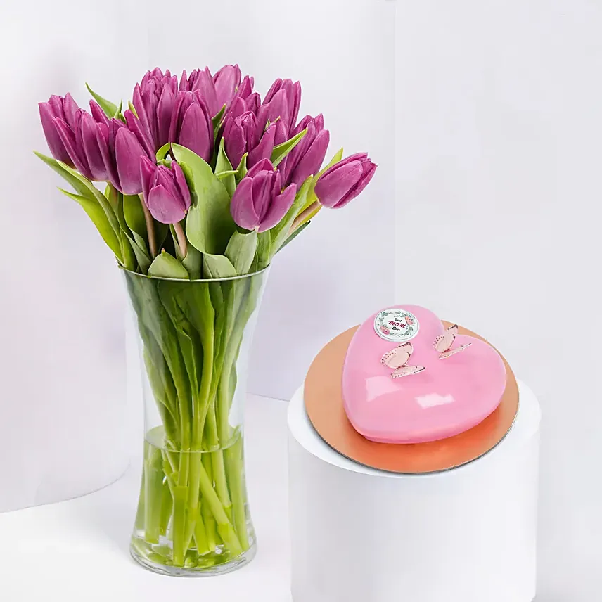 Purple Tulips In Vase With Chocolate Cake: Mothers Day Combos