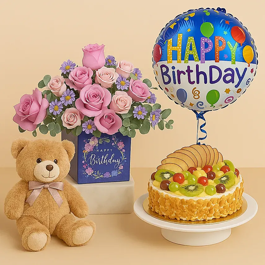 Birthday Surprise Combo: Flowers and Teddy Bears