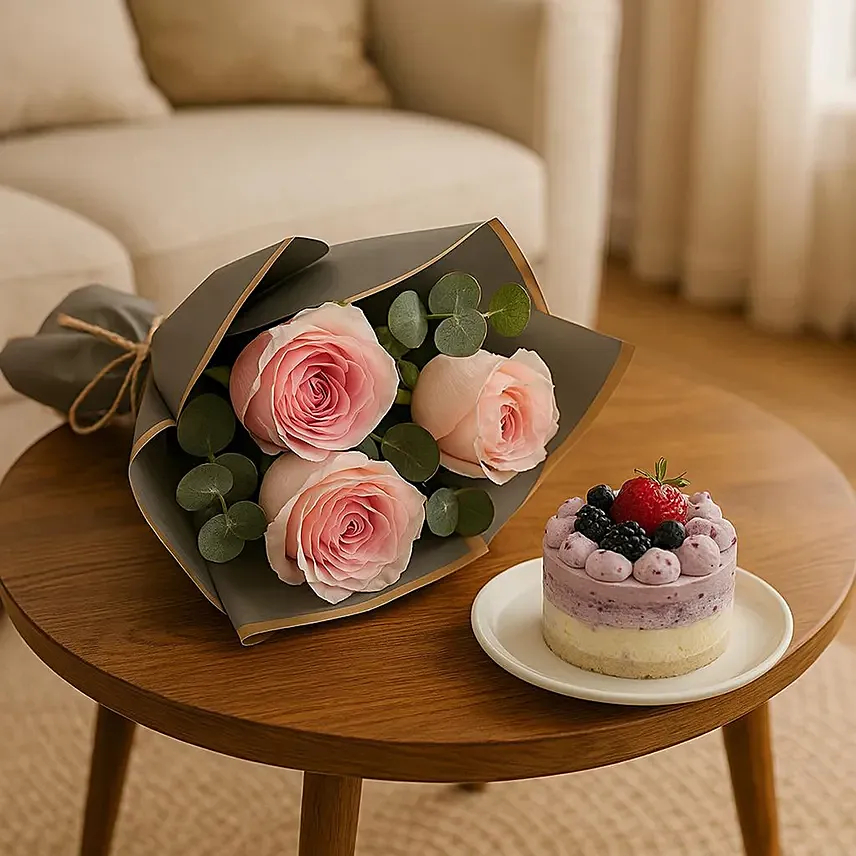 Pink Roses Bouquet Mono Cake Combo: Gifts to Wife