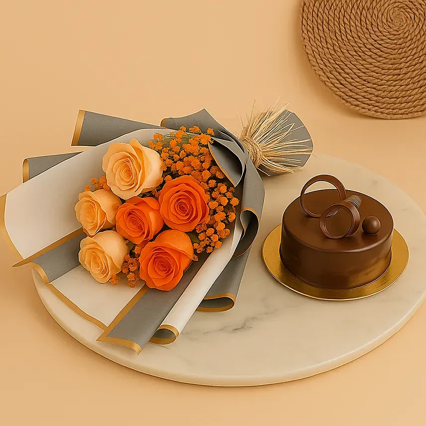 Chocolate Fudge cake and Roses Bundle: Anniversary Flowers & Cakes