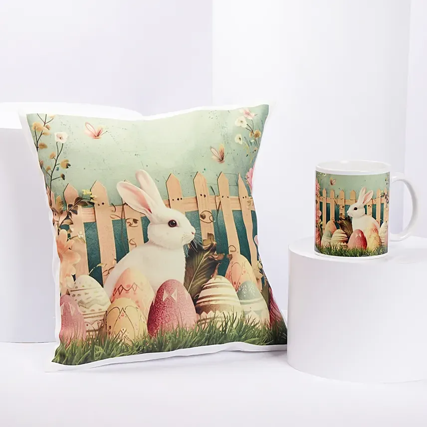 Bunny Cushion And Mug Combo: Personalised Easter Gifts