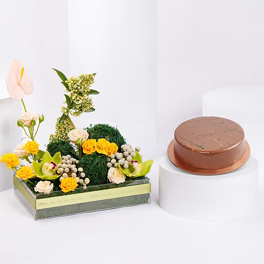 Dubai Chocolate Cake And Flower Arrangement: Birthday Combos