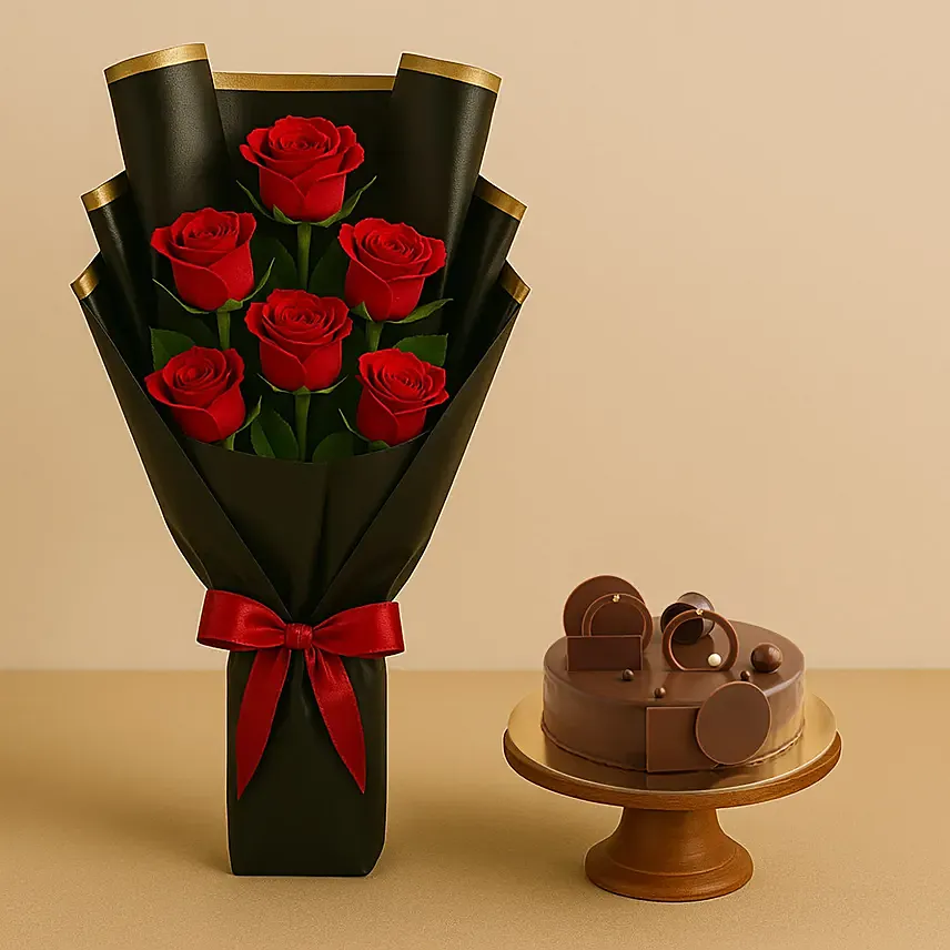 Chocolate Cake with Fresh Red Roses: Cake Delivery in Fujairah
