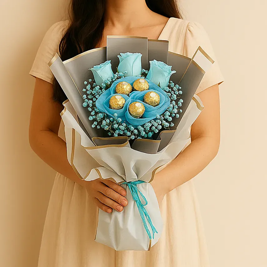 Blue Roses and Rochers Bouquet: Fathers Day Gift Combo