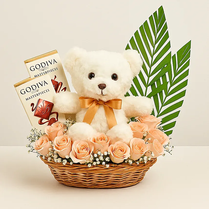 Exquisite Surprise Arrangement with Godiva Chocolates: Flowers and Teddy Bears