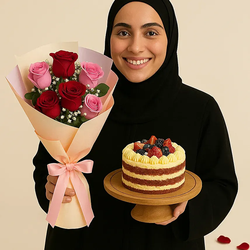 Pink and Red Roses with Red Velvet Cake: Cake Delivery in Abu Dhabi