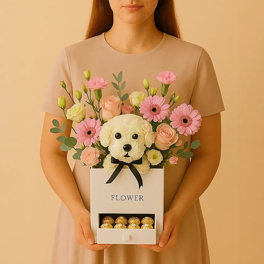 Hugs and Cuddles Flower Box: Flowers and Chocolate Delivery