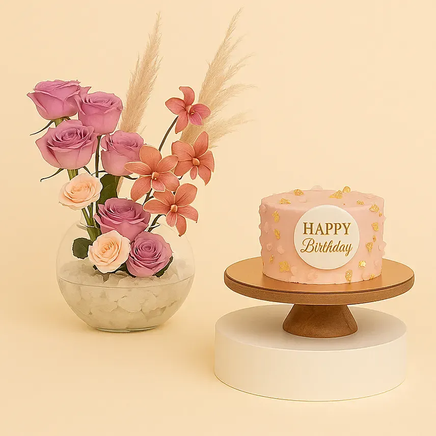 Tulips and Roses with Birthday Cake: Birthday Combos