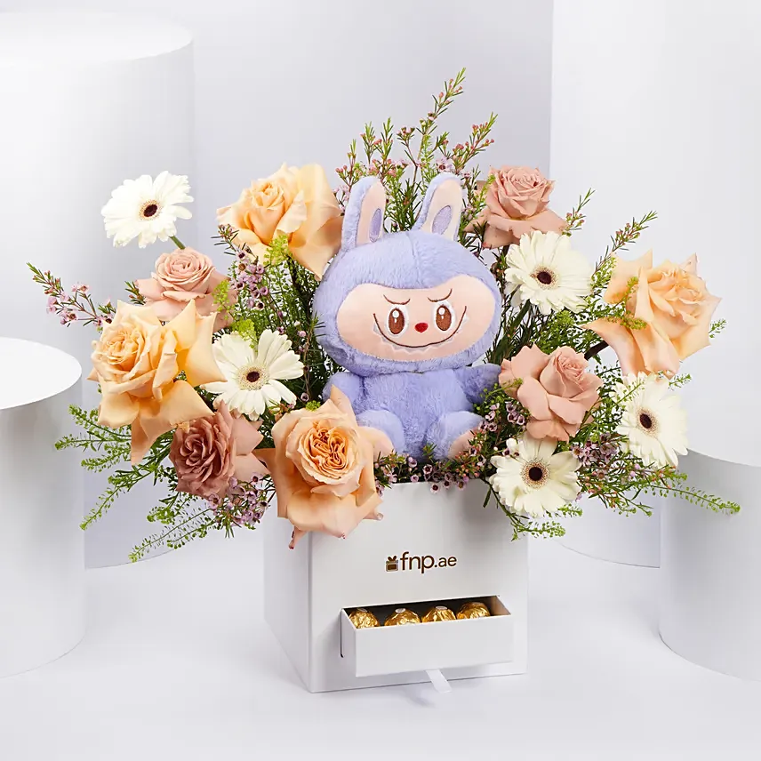 Assorted Labubu Arrangement: Flower Box Bouquet