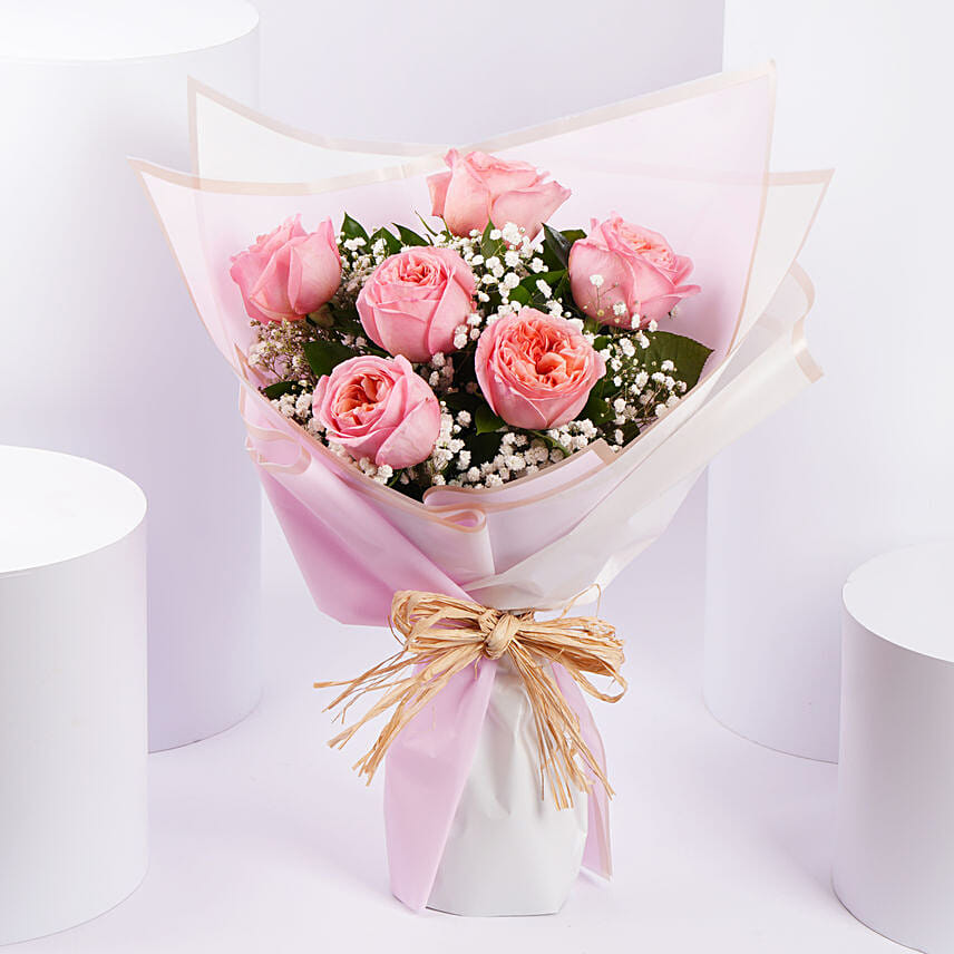 6 Pink Garden Roses Premium Bouquet: Wedding Anniversary Flowers