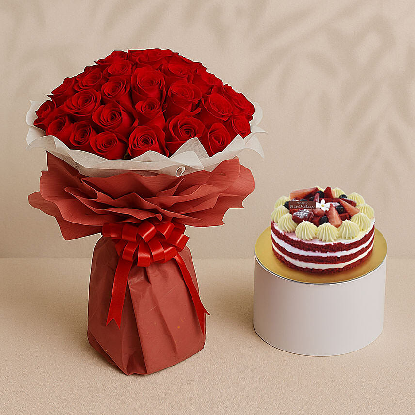 Majestic Red Roses With Red Velvet Birthday Cake: Gifts Combos 