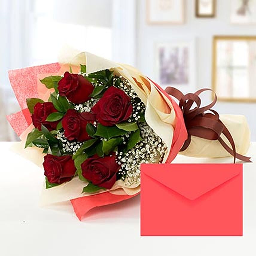 6 Red Roses Bouquet With Greeting Card LB: Flower Delivery Beirut