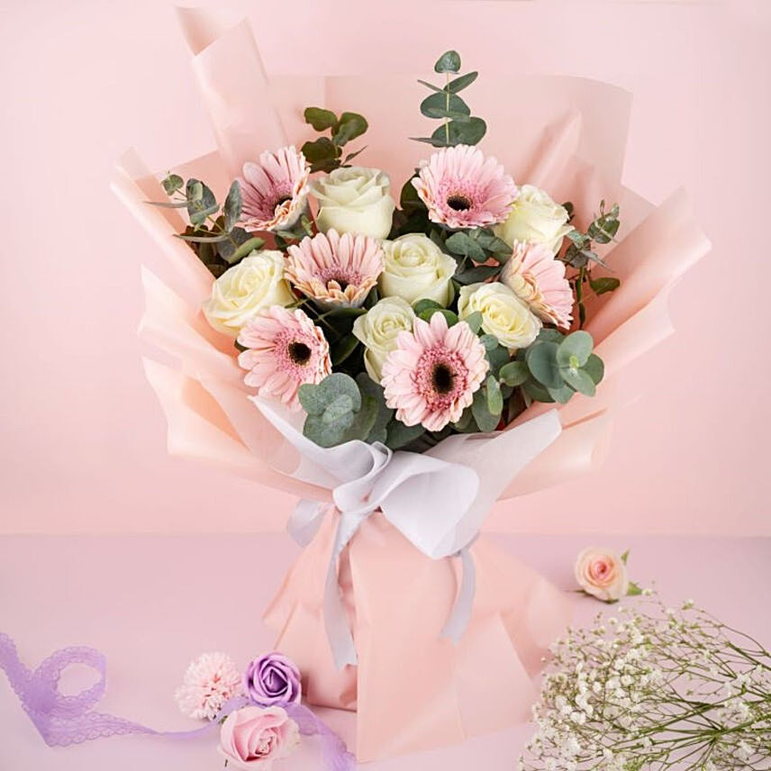 Graceful Gerberas And Roses Bouquet 99 Stems: Birthday Flowers Bouquet