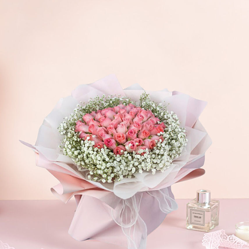 Ravishing Pink Flowers Beautifully Tied Bouquet: Birthday Gifts