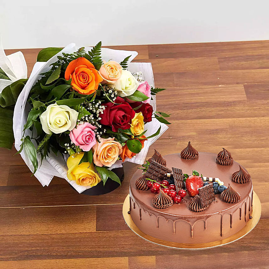 Dozen Multi Roses With Fudge Cake: 