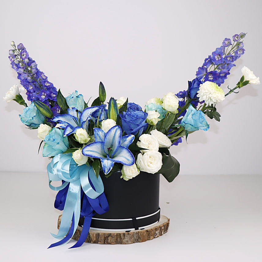Bloomy Blue Flowers Box Arrangement: Fathers Day Gifts to Oman