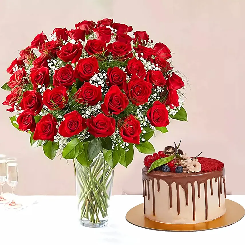 1 Kg Chocolaty Red Velvet Cake With 50 Roses Arrangement: Send Gifts to Oman