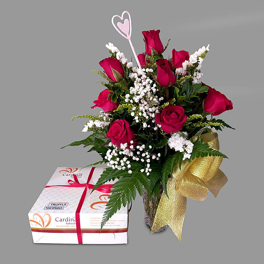 Red Roses Vase And Truffle Cake: Flower Delivery in Philippines