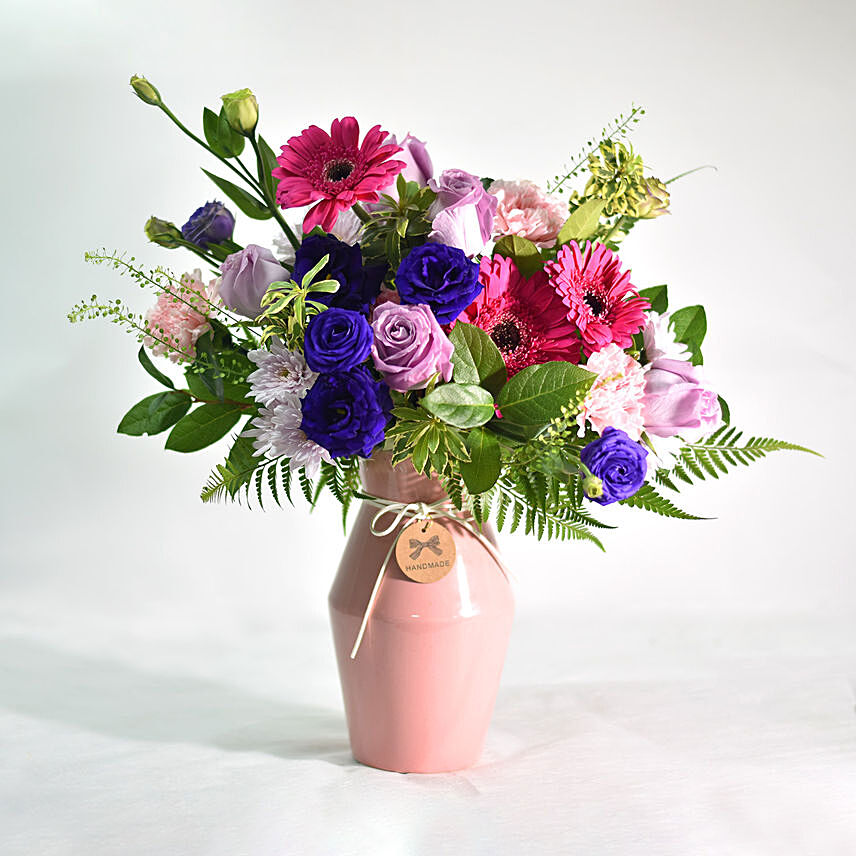 Vibrant Mixed Flowers in Pink Ceramic Vase: Send Gifts to Philippines