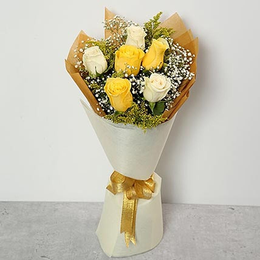 White and Yellow Roses Bouquet QT: Send Combos To Qatar
