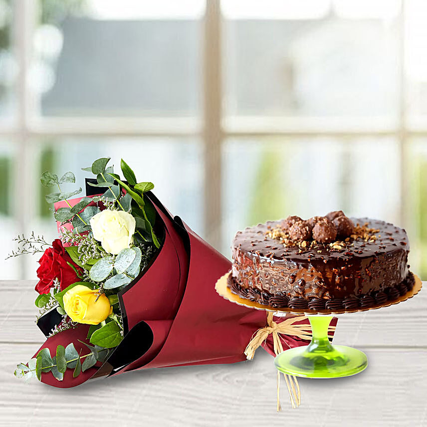 Chocolate Rocher Cake & Mix Roses: Flower and Cakes Delivery in Qatar