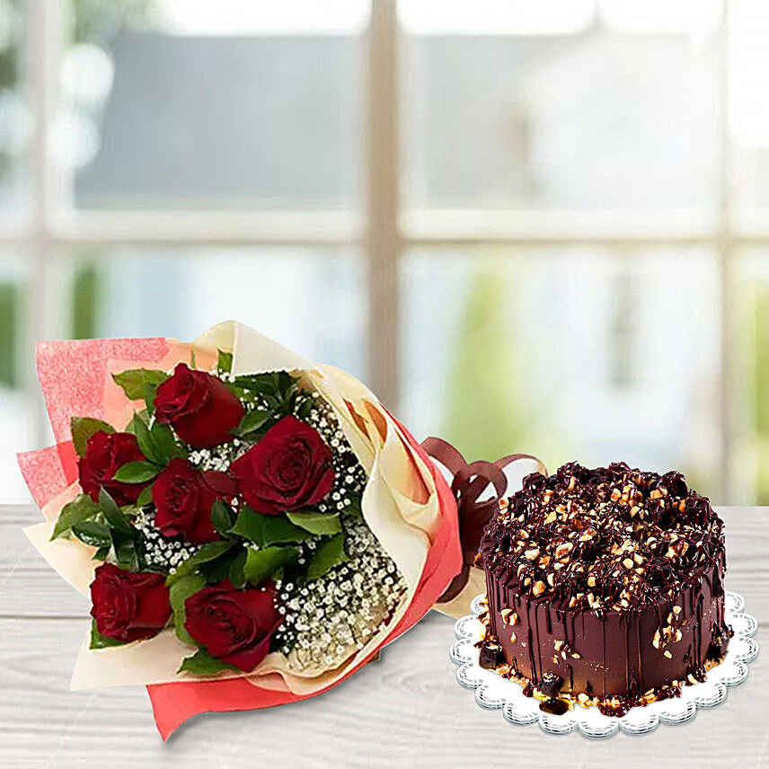 Crunchy Chocolate Hazelnut Cake & Red Roses: Flower and Cakes Delivery in Qatar