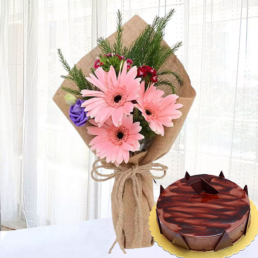 Pink Gerberas Chocolate Ganache Cake 4 Portions: Send Anniversary Gifts To Qatar