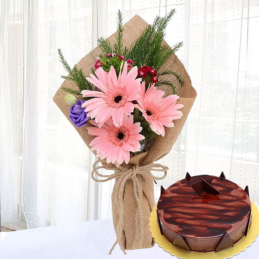 Pink Gerberas Chocolate Ganache Cake 4 Portions: 