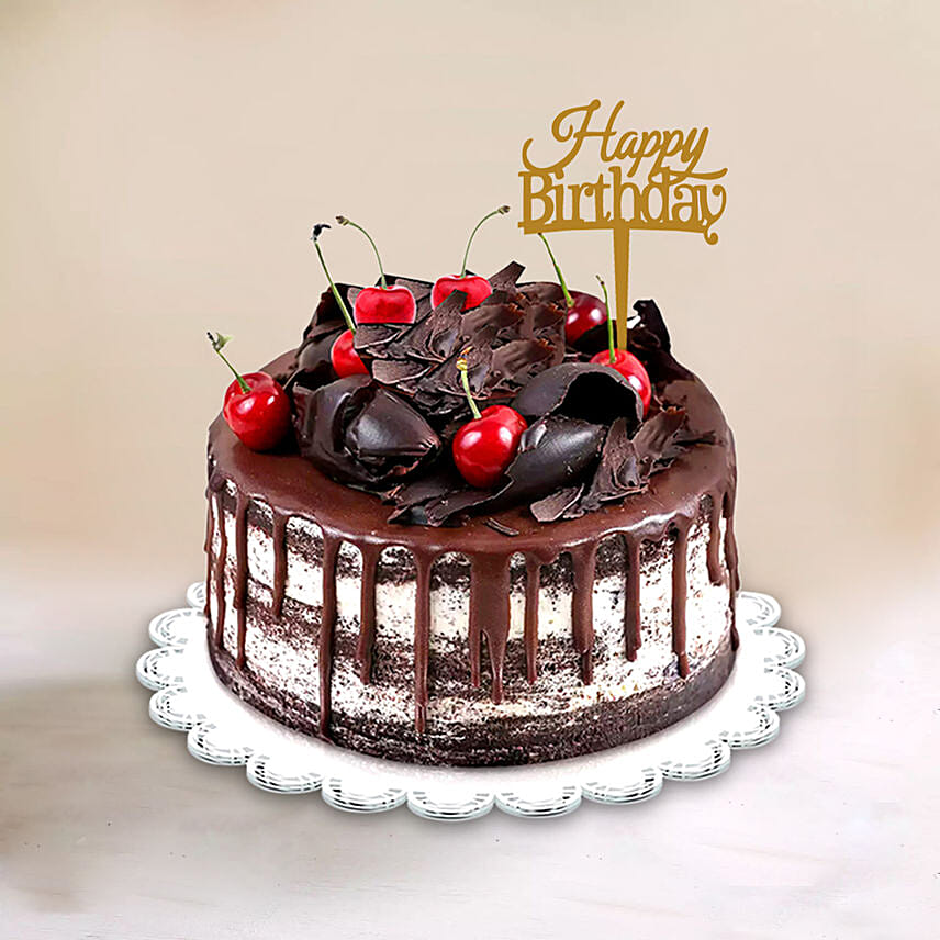 Black Forest Cake With Happy Birthday Topper: Send Black Forest Cakes To Qatar