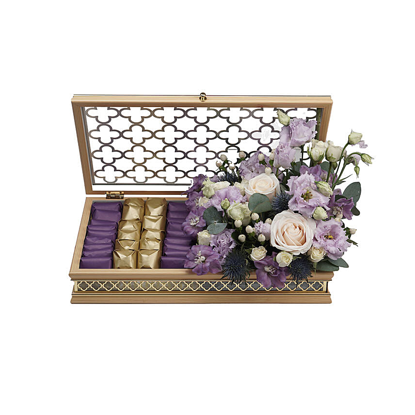 Elegant Mixed Flowers & Chocolates Golden Case: Send Flowers N Chocolates to Qatar