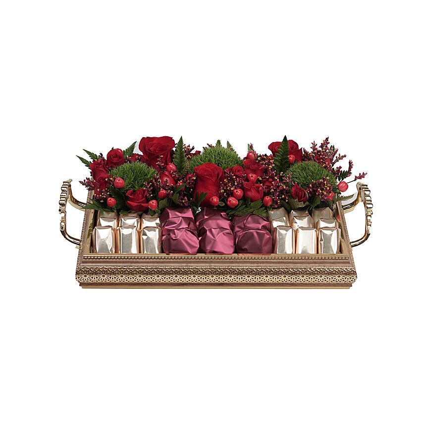 Exotic Mixed Flowers & Chocolates Golden Tray: Send Flowers N Chocolates to Qatar
