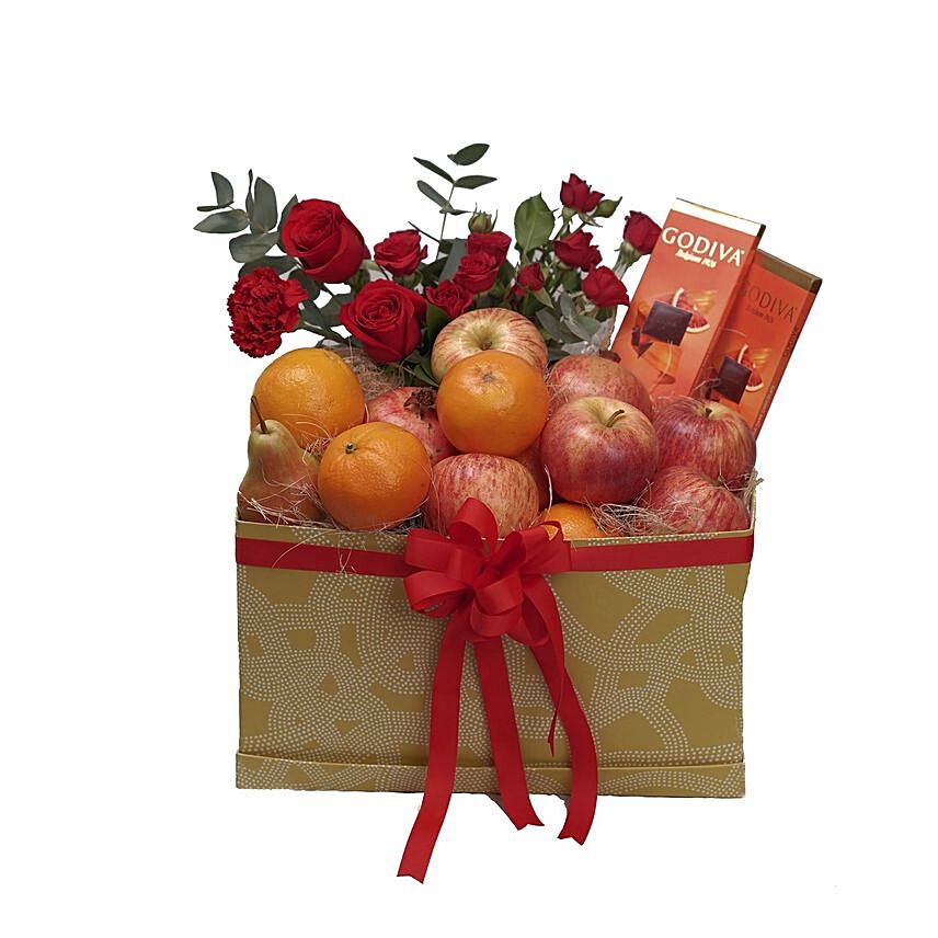 Fruits With Chocolate & Flowers Gift Box: Send Gift Hampers To Qatar