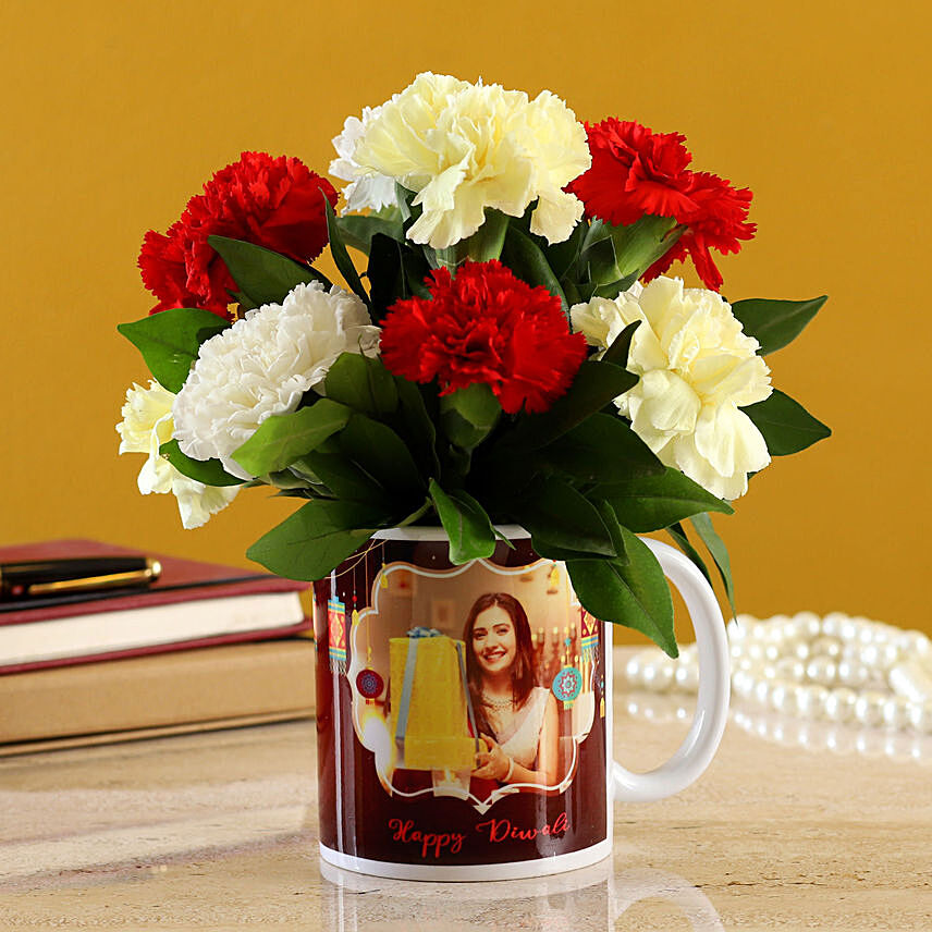 Mixed Carnations In White Mug: 